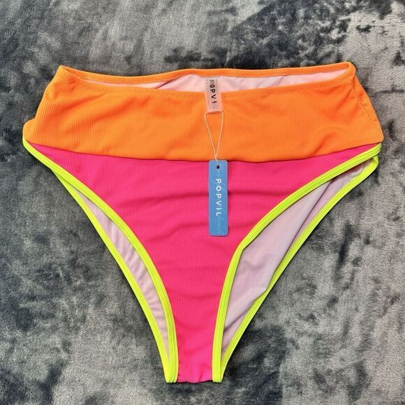 POPVIL Sz L High Waisted Bikini Bottom Neon Color Block Pink Yellow Orange NWT - Picture 2 of 10